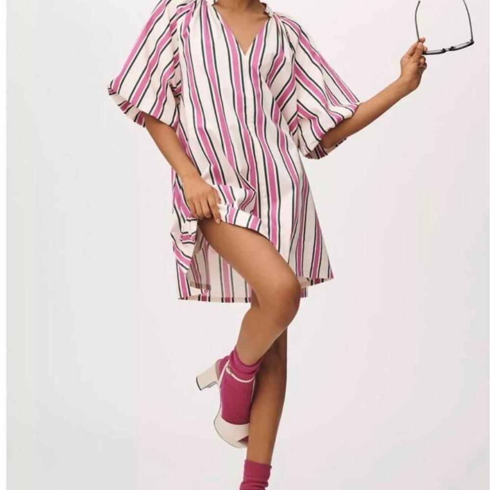 Bel Kazan Striped V-Neck Mini Dress in Pink and White from Anthropologie